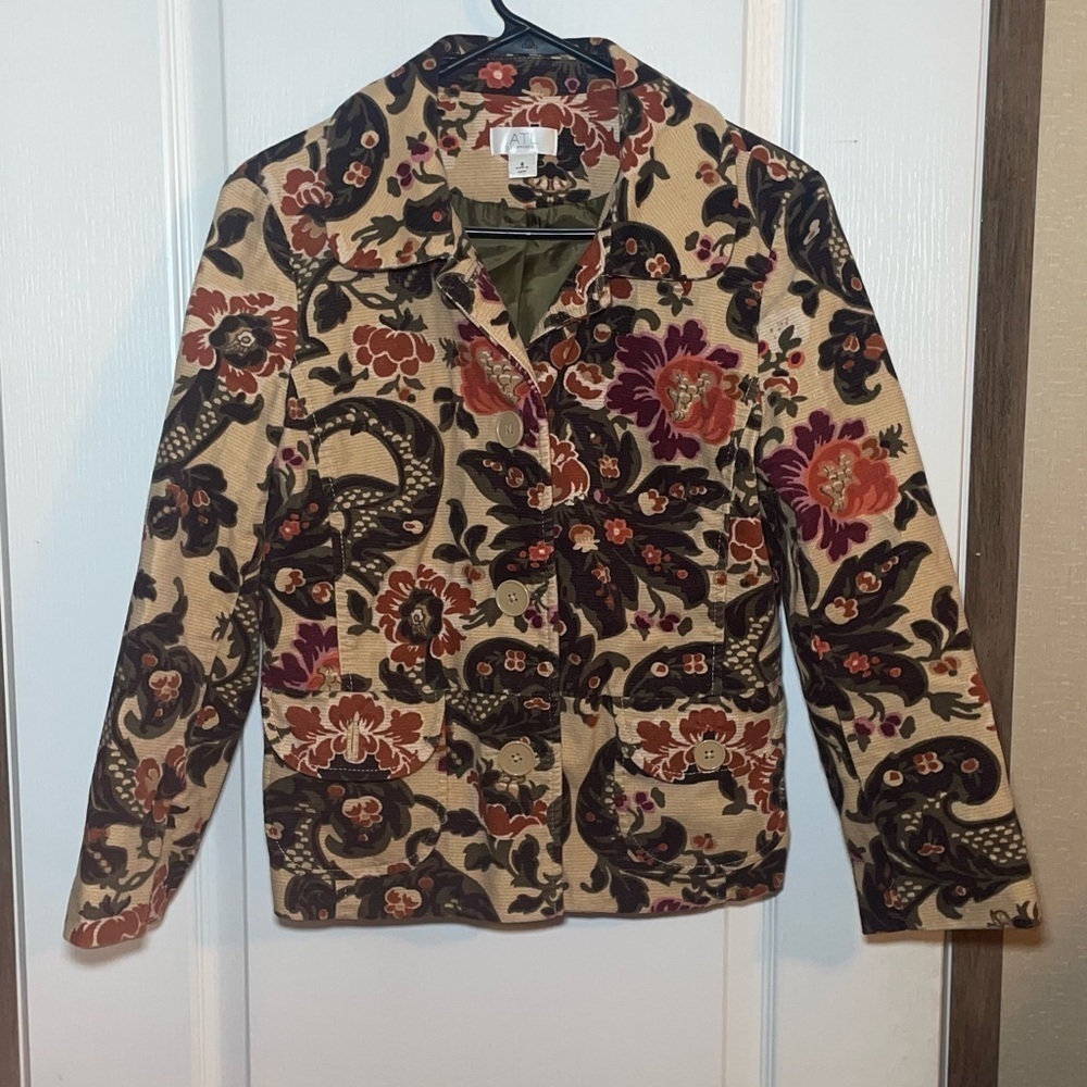 Floral Pattern Corduroy Jacket - Beige with Burgundy & Brown